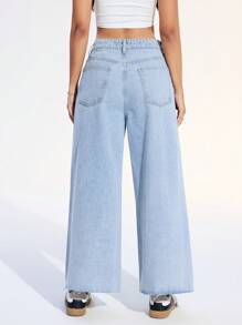 Jeanoix 女式口袋阔腿宽松休闲百搭牛仔裤 - 淺色水洗藍 - 查看 2