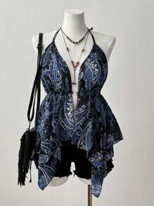 SHEIN SunnyBelle Top canottiera per donna con scollo alla halter, in tessuto trasparente, motivo a patchwork con perline, stile boho, hippie, cowgirl, old money, di taglia curvy