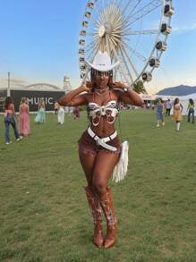 SHEIN SXY Fashionable Sexy Fringes Hem Mini Denim Shorts - Coffee Brown - View 2