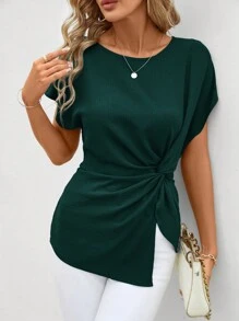 SHEIN Clasi 女式不对称下摆扭纹细节衬衫 - 墨綠色 - 查看 6