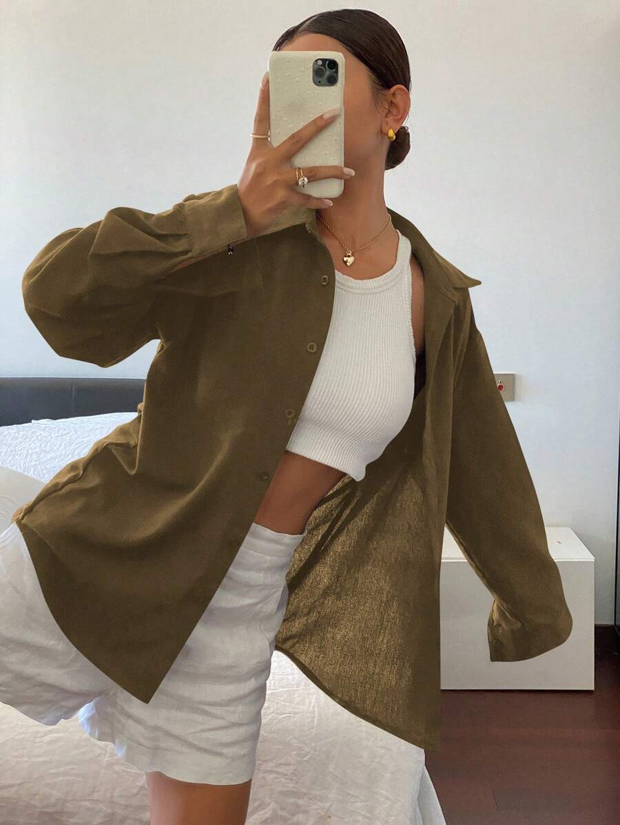 Livesso 纯色休闲百搭宽松长袖翻领口袋女衬衫，春夏亚麻，秋季学院风上衣