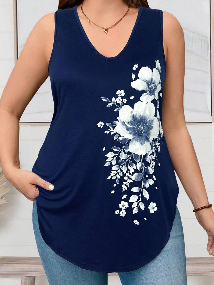 Plus Size Women's V-Neck Sleeveless Curved Hem Floral Offset Casual Top, Spring Outfits For Women Summer Outfits For Women Summer Summer Outfits Spring Clothing Spring Outfit Festival Outfits For Women Beach Outfit For Women Vacation Outfits Women Holiday Outfits For Women Summer Holiday Outfits Country Concert Outfit Women's Country Clothing