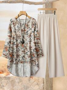 Rusticease 女式花卉印花长袖衬衫和裤子两件套休闲度假套装