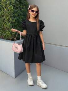 Vestido con mangas abullonadas, acampanado, de color negro y rosa con contraste, recorte calado y decoración de lazo para niña preadolescente Nova Glow, de moda y versátil para salidas, hogar, escuela, primavera/verano
