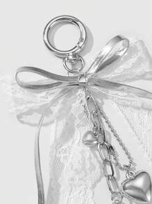 ROMWE Kawaii 1 件优雅简约可爱时尚优质白色蕾丝皮革蝴蝶结星心形装饰银链钥匙扣，适合女性、日常佩戴或送礼