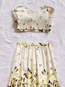 Soleia 女式黄色蝴蝶花卉印花露背短款上衣和高腰长裙两件套服装，海滩度假夏季两件套 - 黃色 - 查看 5