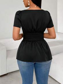 SHEIN Lady Camisa de manga corta de estilo maduro y ligero para mujer, diseño personalizado para uso diario en verano - Negro - Ver 2