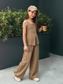 SHEIN Nova Glow Tween Girls Casual Chic Solid Color Square Neck Sleeveless Top And Straight Leg Pants Set Graduation Outfit - Khaki - View 5