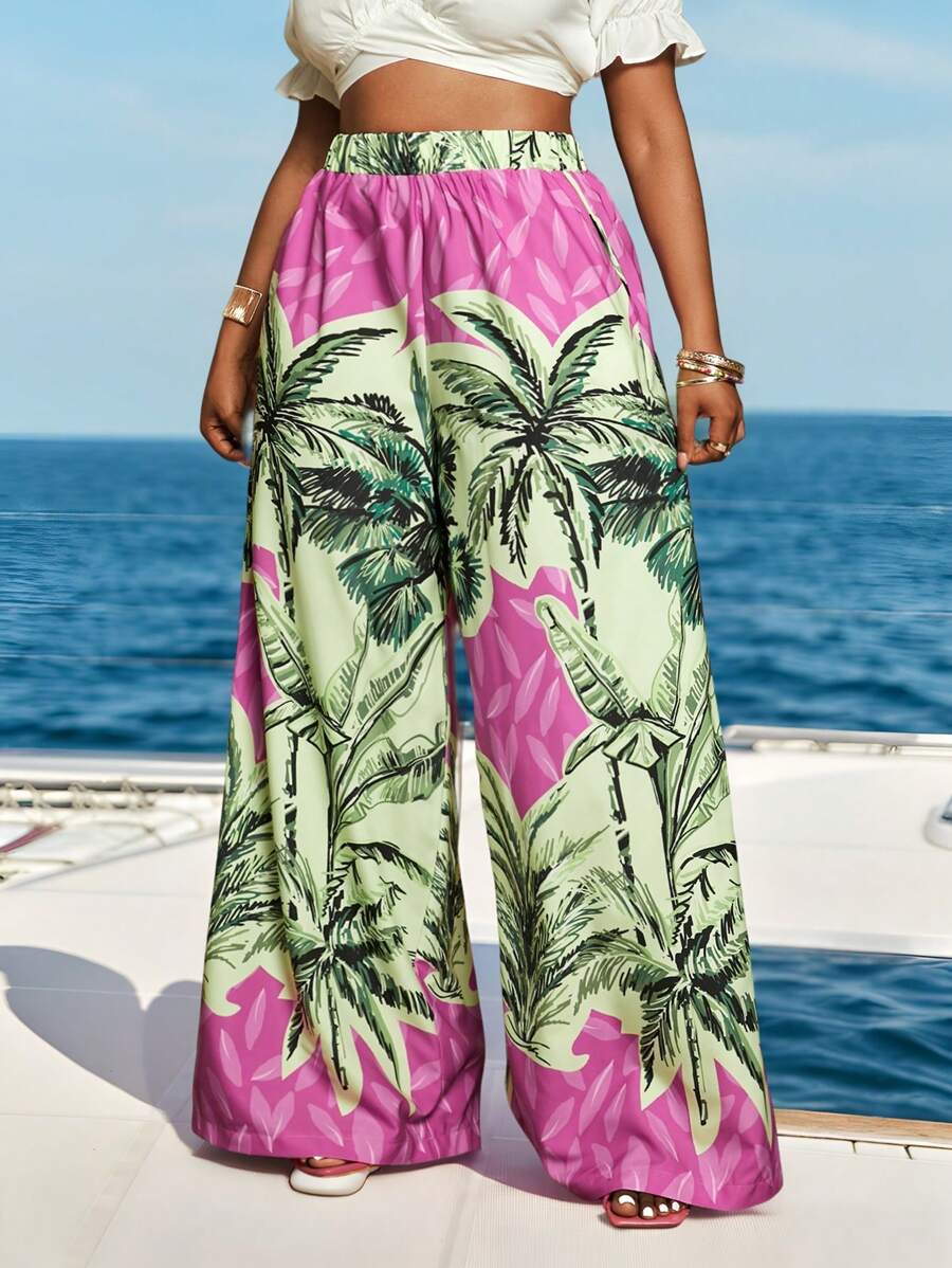 Maweii Plus Size Women Palm Tree Print Wide Leg Pants For Holiday - Hot Pink - View 1