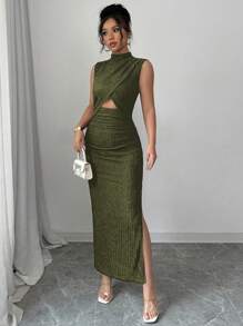 Rafferiza Váy vải họa tiết không tay cổ cao khoét eo màu đen cho nữ - Màu xanh Ô liu - Xem 3