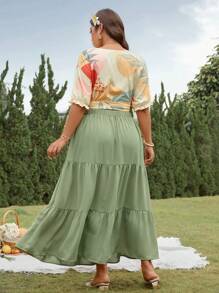 SHEIN Clasi 2 件套大码女式夏季短袖长裙，中式风格，休闲度假装，适合圣帕特里克节、复活节、情人节、感恩节、圣诞节，宽松合身，引人注目 - 彩色 - 查看 2