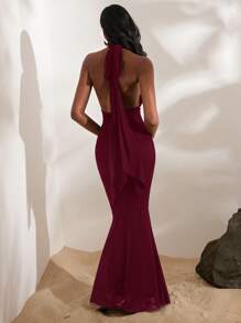 Opulessa Solid Color Knitted Halter Backless Bodycon Slit Dress For Women Dresses For Wedding Event