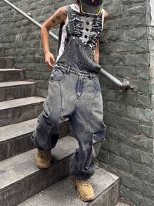 Manfinity EMRG Bộ đồ liền thân denim có túi hộp thường ngày cho nam - Màu xanh lam - Xem 5