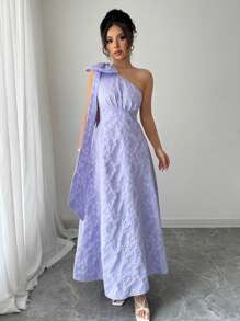 Elenzga Elegant Commuter Jacquard Bowknot Decor Dress - Purple - View 5