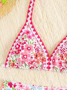 SHEIN Tween Girl Floral Print Halter Bikini Set - Baby Pink - View 3