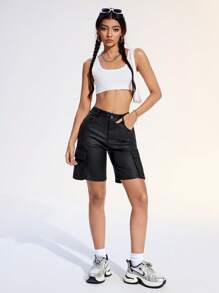 Women's Summer Fashion Solid Color Flap Pocket Straight Leg Shorts - Black - View 3