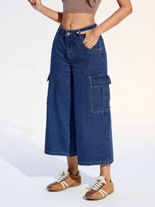 SHEIN EZwear Jeans amples à jambe large avec rabat de poche pour femmes, pour un usage quotidien casual