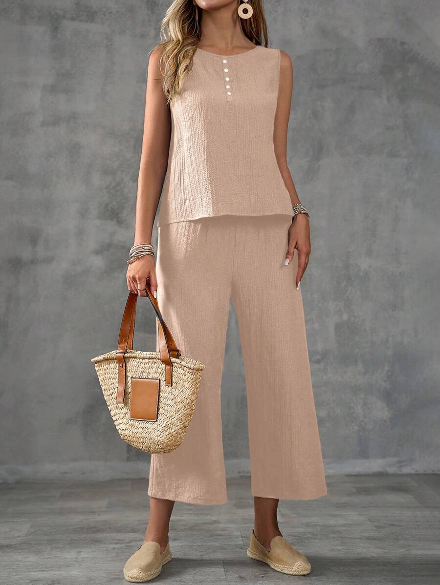 EMERY ROSE Vacation Casual Solid Color Tank Top And Pants Set,Summer ...