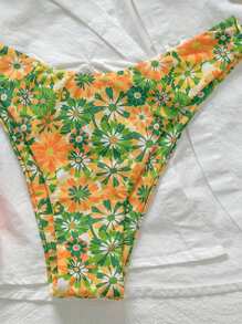 SHEIN Swim Women Ditsy Floral Tie Knot Halter High Cut Sexy Spaghetti Strap Bikini Set, Summer Beachwear