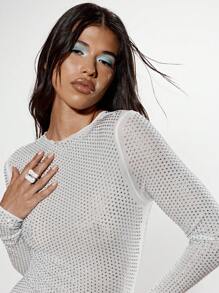 KIZN Hotfix Lưới Pha Lê Đính Đá Dài Tay Váy Maxi Trang Trọng Trang Phục Dạ Hội Cuộc Thi Đám Cưới Khách Sạn Tầng Dài Cổ Cao Bodycon Lấp Lánh Bữa Tiệc Bóng - trắng - Xem 7