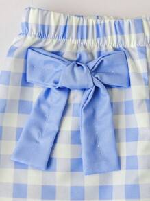 Set de 3 piezas para bebé niña: Top sin mangas a cuadros casual, pantalones y sombrero de cubo, primavera/verano - Azul - Ver 8