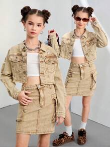 TWEEN GIRL Y2K Streetwear Bleached Denim Mini Skirt & Ripped Hem Crop Denim Jacket Set, Versatile & Fashion Staple Denim Pieces For All Year Round Wear - Khaki - View 1