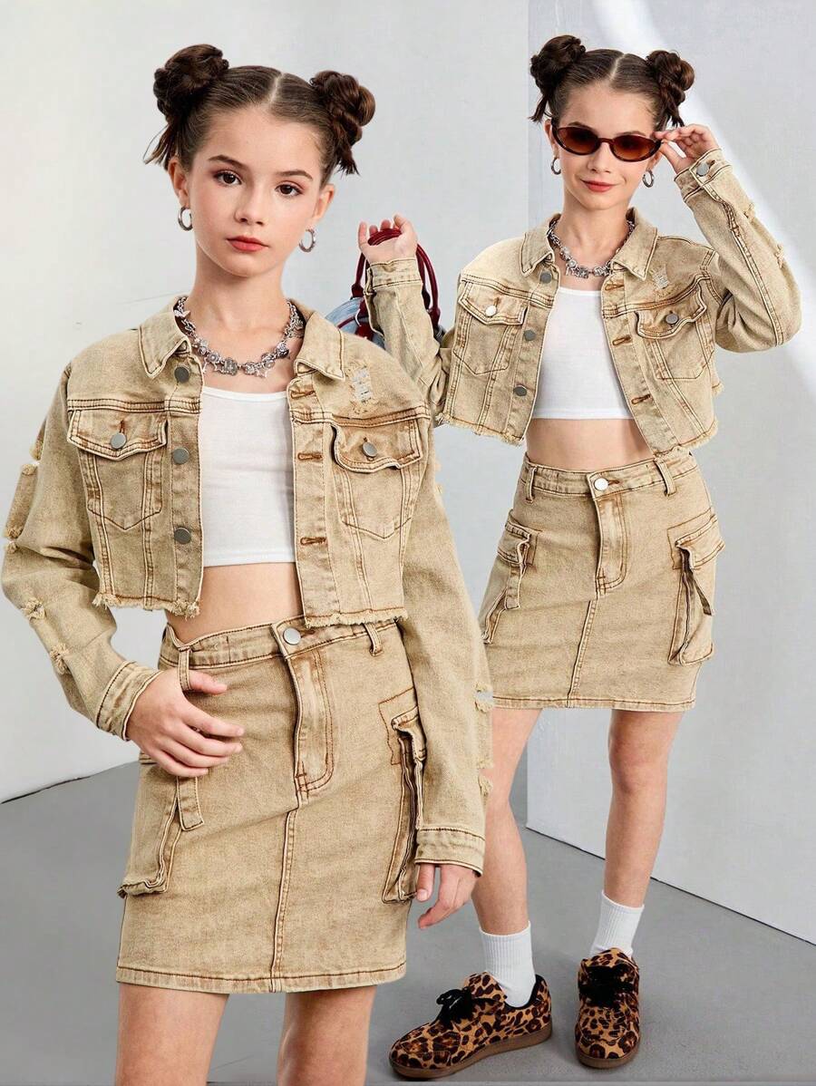 TWEEN GIRL Y2K Streetwear Bleached Denim Mini Skirt & Ripped Hem Crop Denim Jacket Set, Versatile & Fashion Staple Denim Pieces For All Year Round Wear - Khaki - View 1