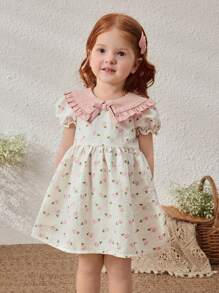 Blossori Baby Girls' Apricot Floral Print Loose Turndown Collar Dress, Spring/Summer - Multicolor - View 1