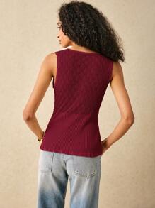 Poéselle Women's Casual Solid Color Front Button Knitted Vest, Summer - Burgundy - View 3