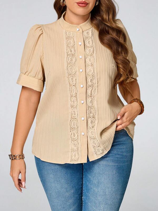 SHEIN Clasi Plus Size Women's Solid Color Stand Collar Ruffle Trim Short Sleeve Casual Shirt