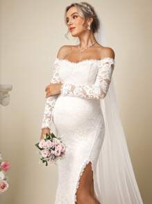 SHEIN Elegant Pregnant Off Shoulder Solid Color Lace High Slit Mermaid Wedding Dress With Train, Elegant Maternity Dress