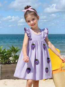 SHEIN Young Girl Resort Casual 3D Grape Decor Cap Sleeve Dress - Multicolor - View 1