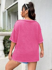 SHEIN EZwear Plus Size Acid Washed Look Vintage Knitted Distressed Loose Fit Short Sleeve T-Shirt - Hot Pink - View 2
