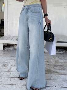 DAZY Light Wash Distressed Wide Leg Baggy Jeans, All Season - Light Wash - View 4