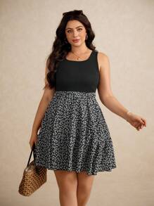 Elaquor Plus Size Boho Summer Square Neck Patchwork Ditsy Floral Sleeveless Dress,Beach Dress Sundress,Holiday Outfits