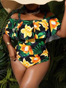 Slaydiva Plus Size One-Piece Swimsuit With Large Tropical Floral Print And Ruffle Hem For Summer Beach Vacation - Multicolor - View 6
