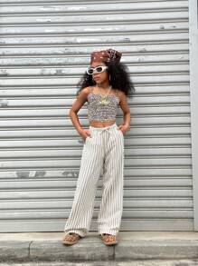 Coolane Kids Tween Girls Spring/Summer Streetwear Striped Textured White Baggy Pants,Tropical Vacation ,Spring Break Outfits,Back To School - Multicolor - View 2