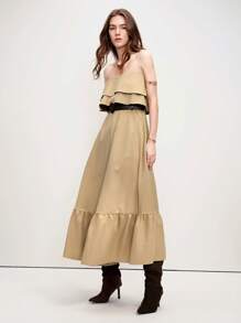 SHEIN LUNE Váy ống dài thường ngày viền bèo nhún cho nữ - Màu Khaki - Xem 6
