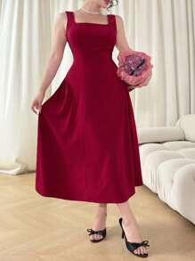 DAZY Sleeveless Square Neckline Solid Color Long Dress For Women Red Women Dresses,New Year - Burgundy - View 4