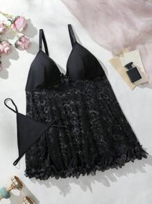 2pcs/Set Plus Size Sexy Lingerie Dress With Lace Patchwork & G-String - Black - View 4