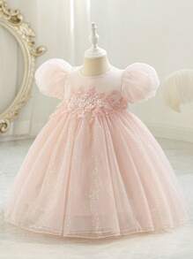 SHEIN Glamorique Kids Easter Girl Formal Wear Vintage Elegant Puffy Sleeve Floral Applique Party Dress, Luxury Custom High-End For Family Gathering, Ceremony, Party Focus