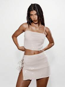 KIZN Sequin Spaghetti Strap Crop Top Club Party Festival Y2K Aesthetic Cami Sleeveless Summer Fashion Glitter Party Club Wear