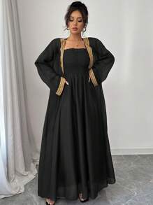 Chiquease 2pcs Women's Fashion Splicing Webbing Long Sleeve Jacket And Flowy Strapless Dress Set - Black - View 4