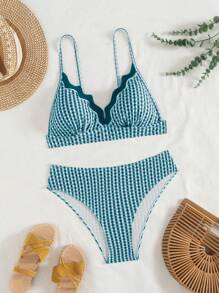 Swim Vcay Bộ Bikini Họa Tiết Kẻ Sọc Có Viền Ren Cho Nữ - Màu xanh ngọc - Xem 3