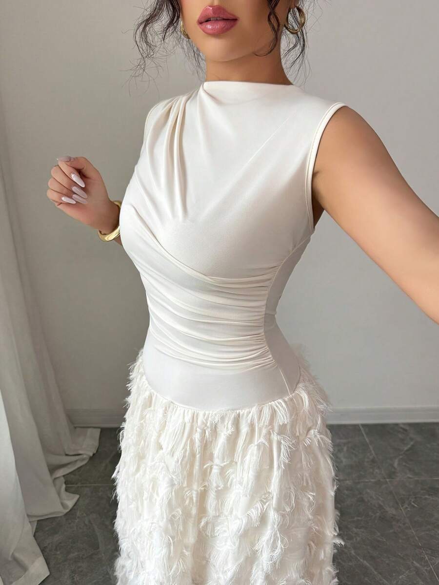 Rafferiza Vacation Pleated Texture Patchwork Sleeveless Elegant Dress - Apricot - View 1