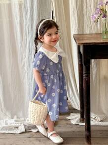 SHEIN Vestido con cuello ancho, mangas abullonadas y pequeñas margaritas para niña bebé, primavera/verano, estilo campo - Azul - Ver 7