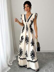 Elenzga Women's V-Neck Allover Print Ruffle Hem Casual Dress - Apricot - View 6