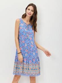 Miaspire 印花繫帶領荷葉邊連衣裙 - 彩色 - 查看 4