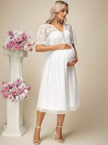 SHEIN Váy bầu thêu hoa thanh lịch bằng lưới chắp vá - trắng - Xem 3