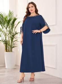 Lacomfia Elegant Embroidered Applique Plus Size Long Dress